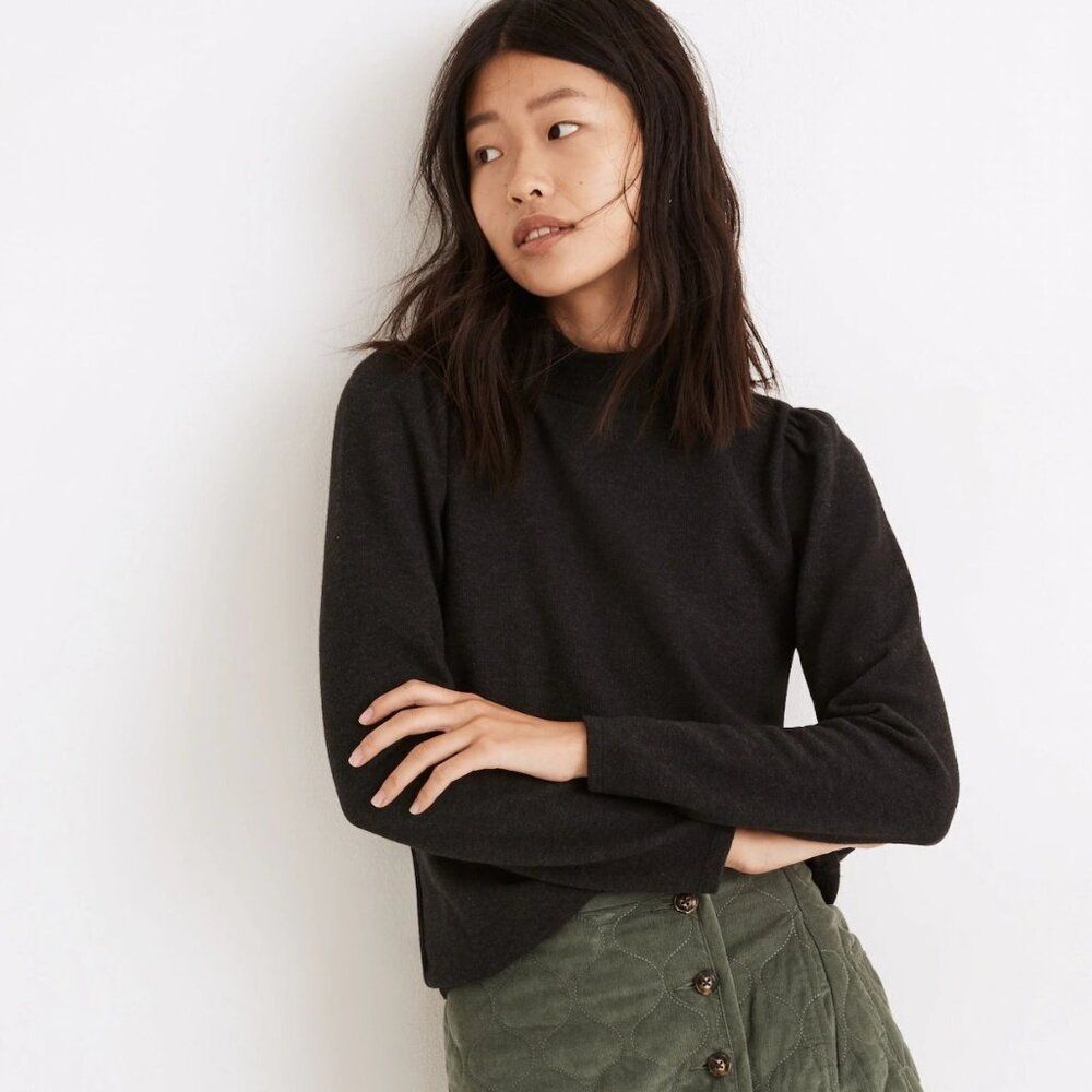 NWT Madewell (Re)sourced Plush Mockneck Puff-Sleeve Top, XL, Heather Charcoal